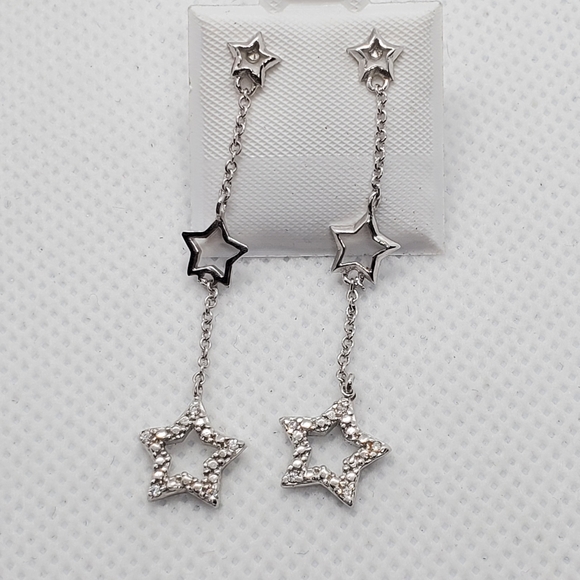 Silver 925 Stars CZ Wire Dangling Stud Earrings - Picture 4 of 6